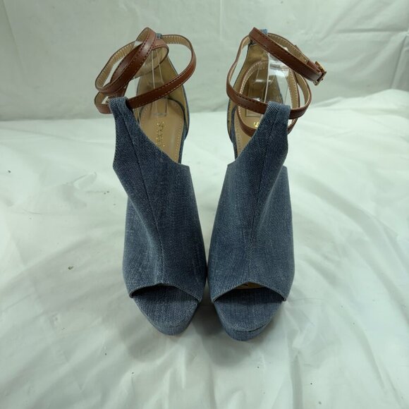 Shoe Dazzle Blue Denim Heels with Brown Strap - Picture 8 of 16